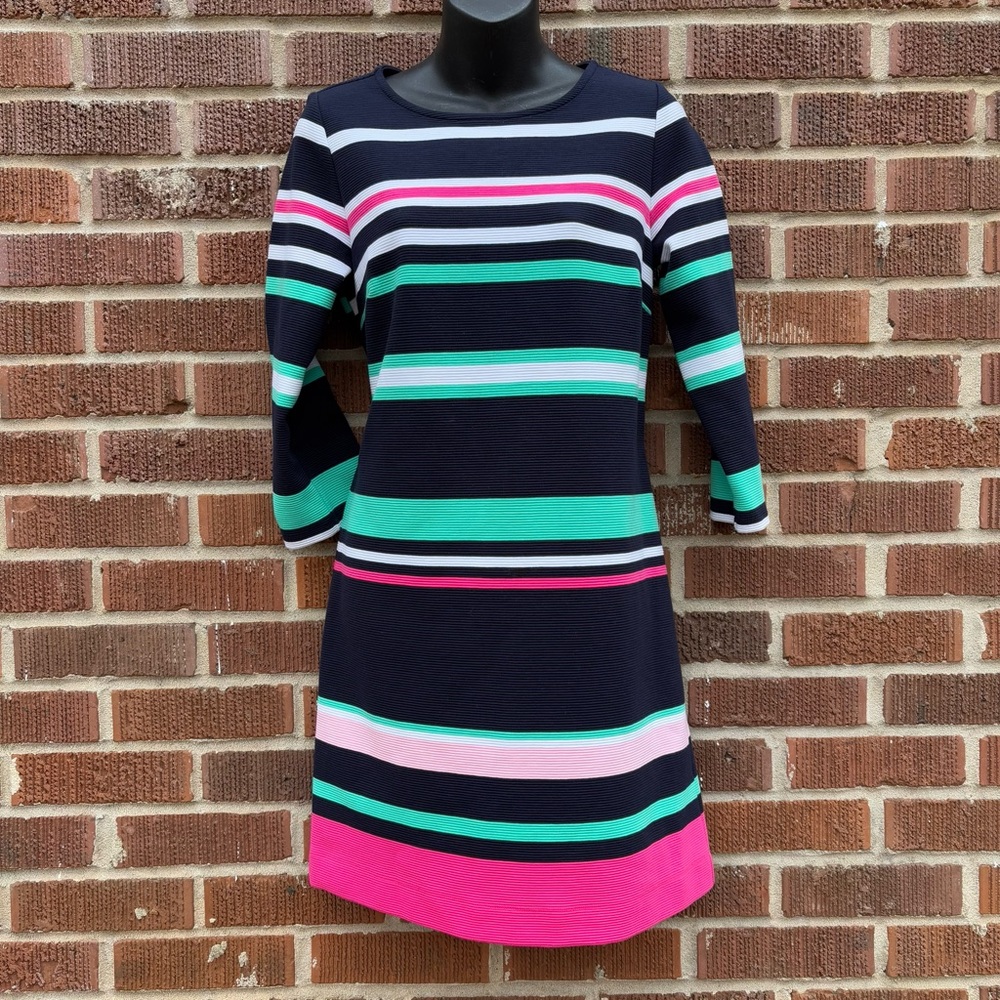 Crown & Ivy Back zip 3/4 sleeve Navy Pink White Green Stripe Sheath Dress Sz XS
